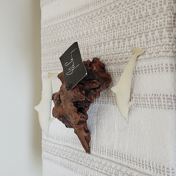 John Perry Double Dolphins Sculpture Figurine on Burl Wood Base - Picture 7 of 8